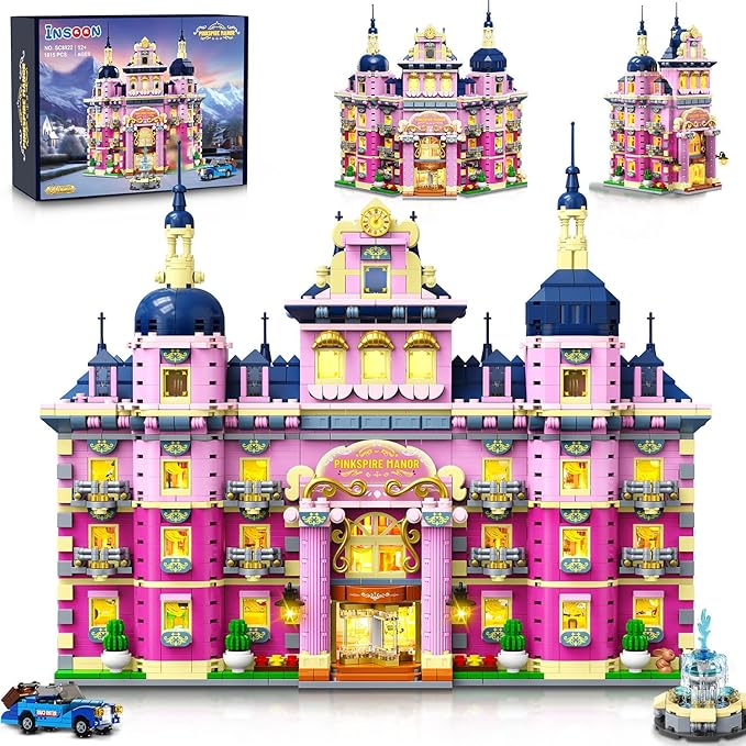 Pink Estate House Building Set with Lights 3 Style Pinkspire Construction Model with Car Fountain 1815 PCS Friends Villa Castle Building Block Kit Home Decor Gift for Adults Boys Girls 8-12+