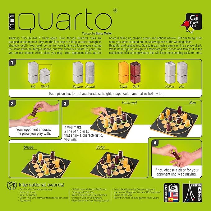 Quarto Mini | Mensa Select Winner | Travel-Friendly Version of The Wooden Abstract Strategy Game for Kids &amp Adults | Family Game Night Favorite | Ages 8+ | 2 Players | 15 Min