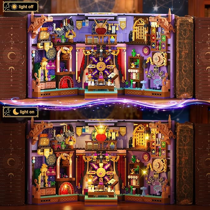 Upgraded Mystic Divination Book Nook Building Set with Rechargeable Lights 1447 PCS DIY Magic Booknook Building Block Kit Home Decor Miniature Book House Model Gift for Adults Boys Girls 12+