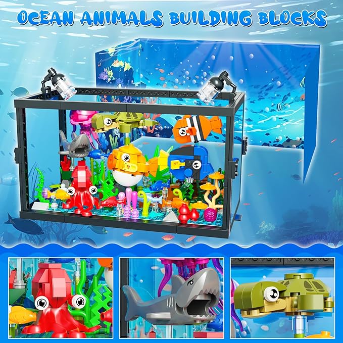 8 in 1 Aquarium Building Sets with Light Compatible with Lego Fish Tank Building Kits Including Sharks Turtles Octopus Sea Animal Party Favor Toys for Boys Girls Kids Aged 8-12 640PCS