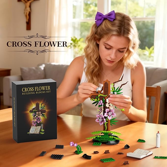 Cross Flower Building Set Religious Cross Collectibles Compatible with Lego Jesus Catholic Building Toys Easter Christian Birthday Gifts for Mothers Women or Adults