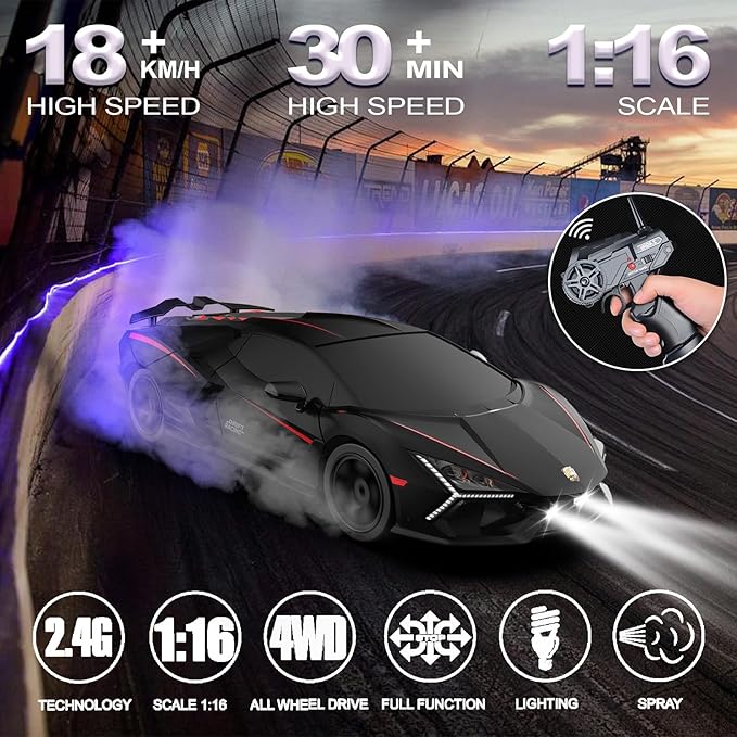 Remote Control Car RC Drift Car 1:16 Scale 4WD 18KM/H High Speed Model Vehicle 2.4GHz with LED Lights Spray Rubber Tire Racing Sport Toy for Adults Boys Girls Kids Gift 2Pcs Rechargeable Batteries