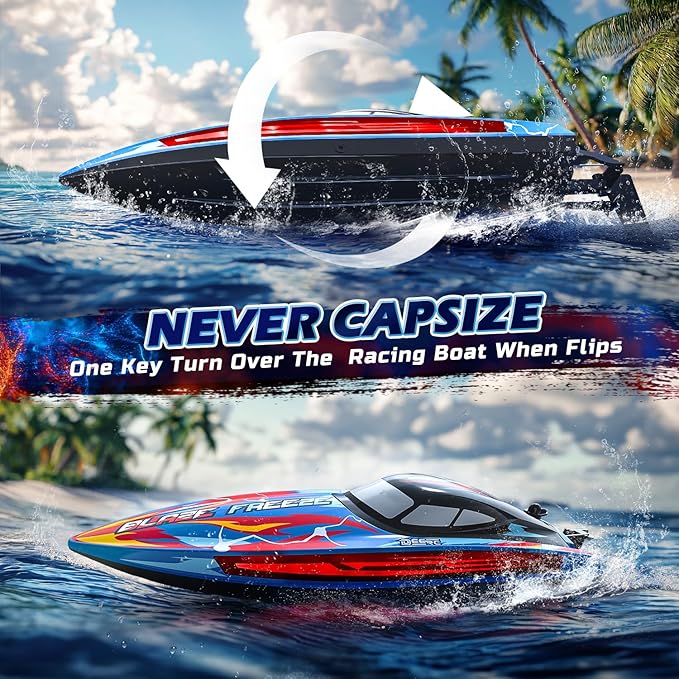 DEERC Fast RC Boat for Pool &amp Lake 20+MPH 40+ Mins Self Righting Remote Control Racing Speed Boat for Kids 2.4Ghz Summer Water Toy Gift