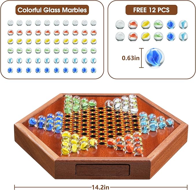 14.2 Wooden Chinese Checkers Board Game with Storage Drawer | 6-Player Marble Strategy Game | Classic Family Board Game for Kids &amp Adults | 16mm 60+12 Colorful Glass Marbles More Easy Grasping