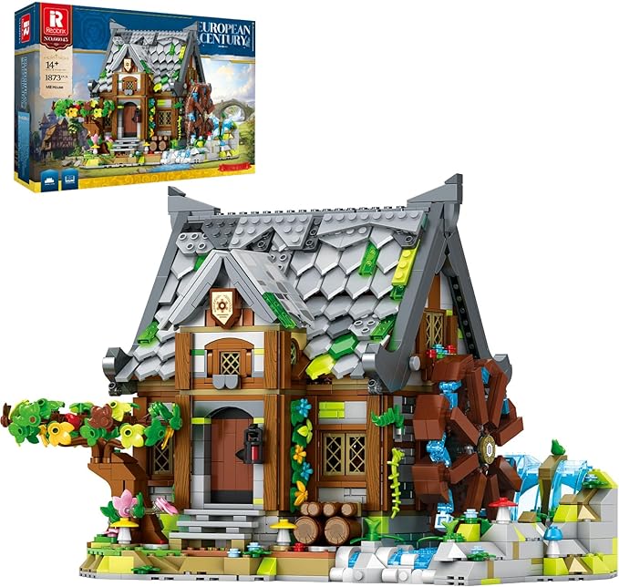 Reobrix Medieval Building Set for Adults– Watermill Cabin1873 PCS Medieval House with Rotating Water Wheel Architecture Collectible Building Bricks Kit for Adults and Medieval Village Fans