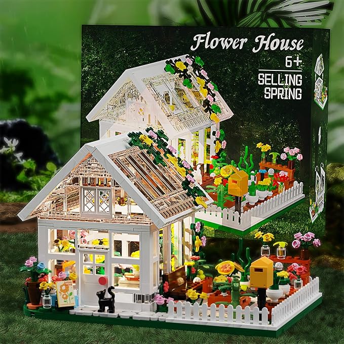 Flower House Building Mini Set with LED City Street View Greenhouse Building Blocks Toy Valentine Xmas Gift for Friends or Girls 8-12 Year