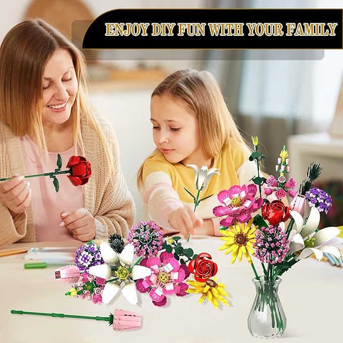 Flower Building Kit 699 PCS Eternal Flower Bouquet with Peony Rose Sunflower Lily &amp More DIY Floral Arrangement Set for Home Decor Gift for Christmas Day Building Blocks for Adults &amp Ki