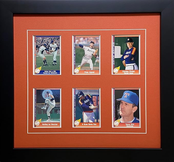 Trading Card Frame for 6 Standard Trading Cards Black Frame with Matting and Card Mounts (Orange White Trim Mat - Black Frame)