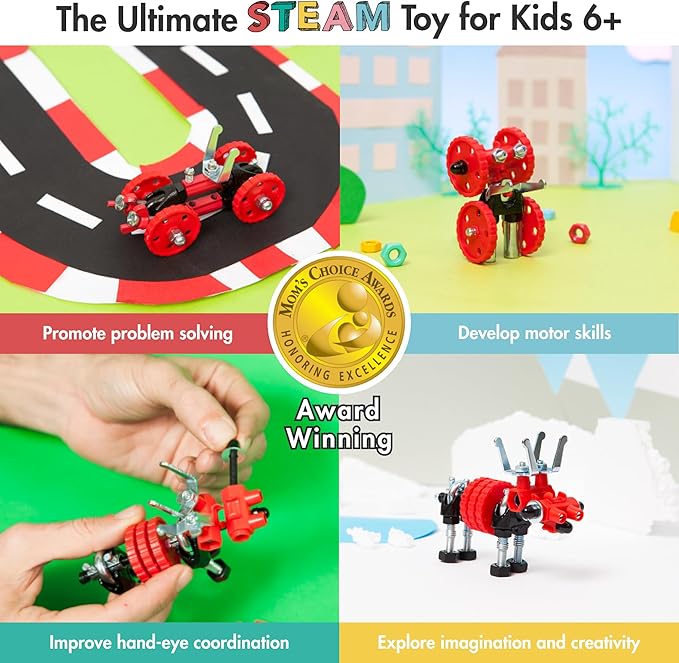 The Off Bits Erector Set: Animal Mini STEM Toys for Kids 6+ Toy Building Sets with Nuts &amp Bolts STEM Building Toys Gifts for Boys and Girls (Red Moose)