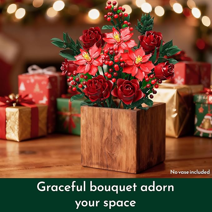 JOJO&ampPeach Flowers Rose Bouquet Building Set for Adults Mom Wife Artificial Poinsettia Botanical Collection for Home Office Display Festive Birthday Gift Toy for Women Girl and Teen 18+ (917PCS