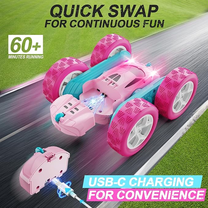 RC Cars Pink Remote Control Car for Girls 2.4 GHZ Double Sided RC Stunt Car 360° Rotating Remote Control Crawler with Headlights Car Toys for 6 7 8 9 10 11 12 Girls Birthday Gift Grandkids