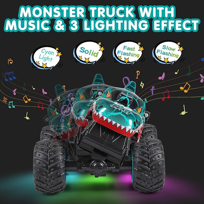 DYODYORC Remote Control Car 2.4Ghz All Terrain Dinosaur Monster Truck Toys RC Truck with Music 3 Lighting Effects 360 Stunt Capable 2 Batteries Ready to Run Toy Gifts for Boys and Girls (Cyan)