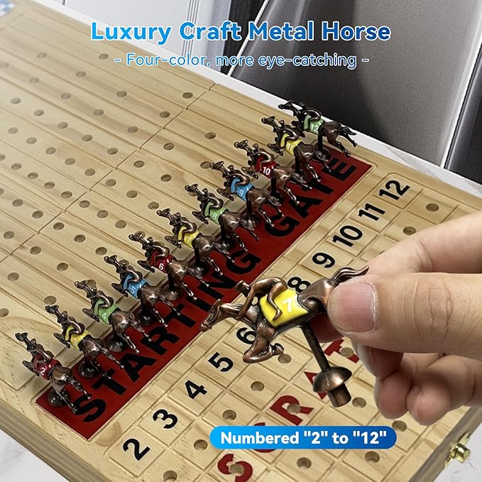 Large 23 inches Horse Racing Board Game with 11 Luxury Metal Numbered Horses Foldable Wood Horse Race Board Game with 2 Sets of Dice 2 Boxes of Cards 80pc Poker Chips for Parties and Gambling