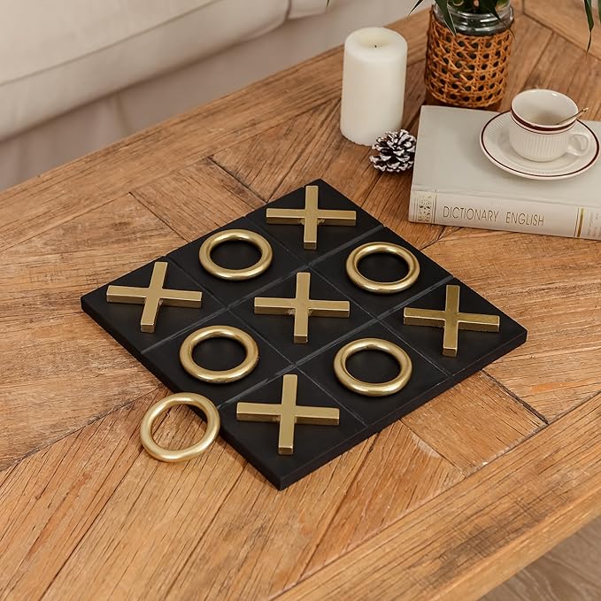 NIKKY HOME 12x12 Inch Tic Tac Toe Wood Game Board Classic Coffee Table Decor Modern Wooden Travel Game for Family Black &amp Gold