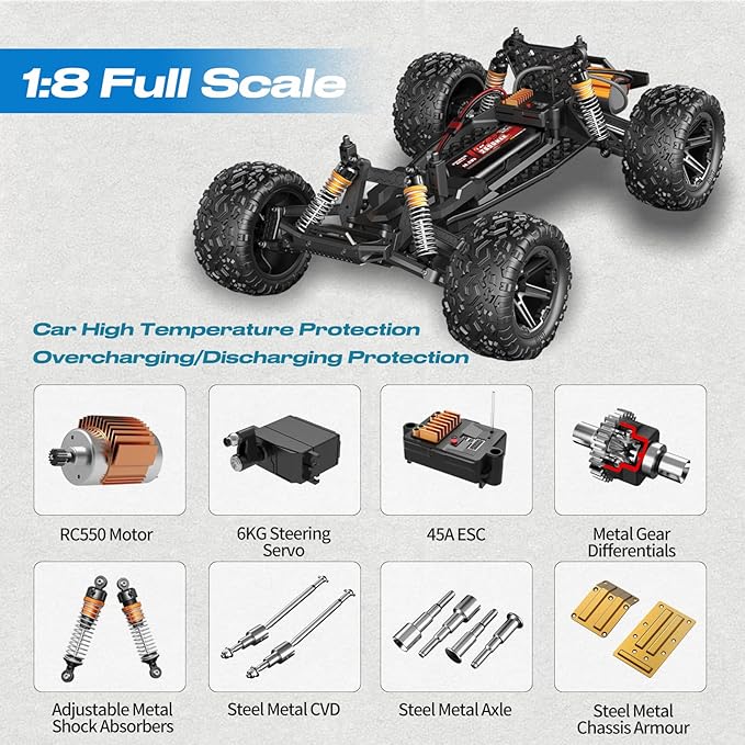 1:8 All Terrain Off Road RC Car 50KM/H Racing Drifting Climbing Monster Truck 2.4Ghz Remote Control LED Lights 2 Rechargeable 2600mAh Batteries Birthday