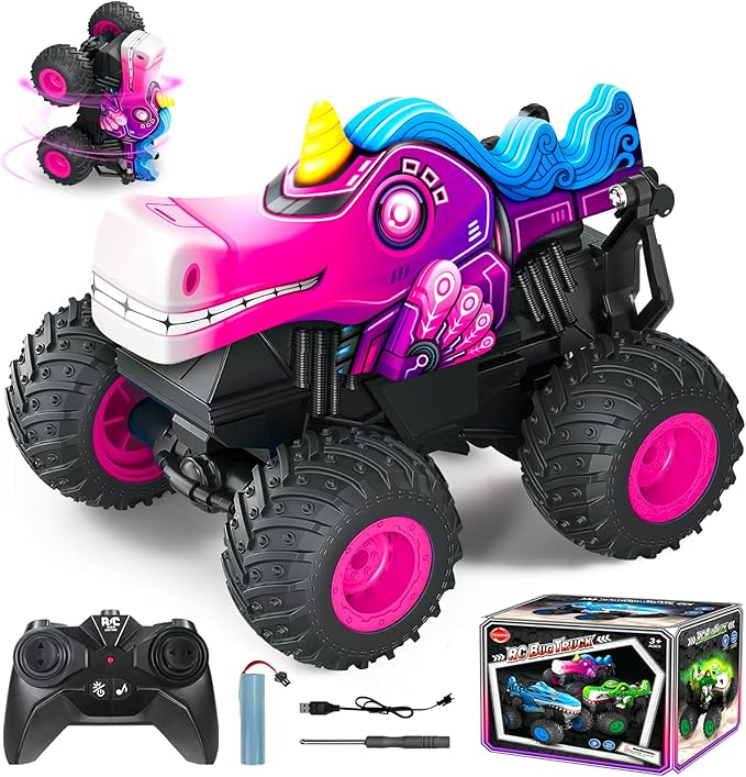 Remote Control Car 2.4Ghz Unicorn Rc Monster Truck for Girls Rchargeable Rc Truck with Lights &amp Music 360° Rotating Stunts RC Cars Toys Birthday Easter Gifts for Kids 3-5 6 7 8-12