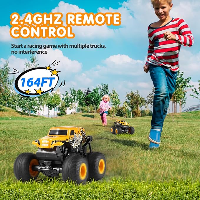 DYODYORC Remote Control Car 2.4Ghz All Terrain Monster Truck Toys RC Truck with Music 3 Lighting Effects 360 Stunt Capable 2 Batteries Ready to Run Toy Gifts for Boys and Girls (Yellow)