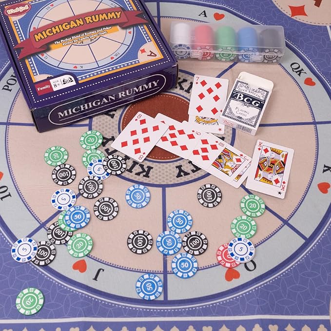 Michigan Rummy Deluxe Board Game SetTripoli Board GameIncludes A 27.6in Felt Game Mat 2 Boxes of Playing Chips (200 Pieces) 1 Deck of Poker1 Game InstructionsPerfect for Family Game Night