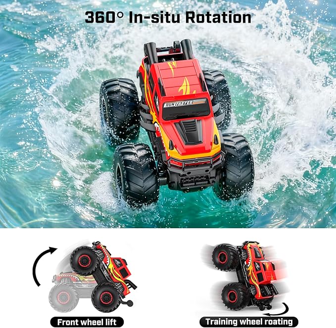 WayEee Remote Control Car Toys for Kids 6+ RC Car Waterproof Monster Truck Toys Amphibious 4X4 Pickup All Terrain Off-Road Vehicles 2.4GHz Remote Control 1/18 Scale RC Truck Boys Gifts/Red