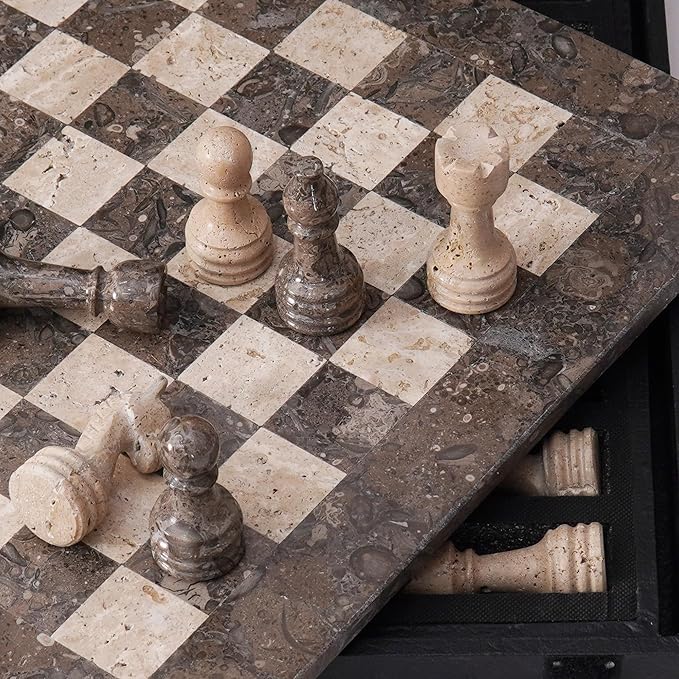 Marble Chess Set 15 Inches Handmade Oceanic &amp Travertine Luxury Board Games for Adults Ideal Marble Chess Board Game Set Chess Pieces &amp Storage Box for Gifts &amp Home Decor