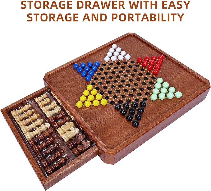 2 in 1 Magnetic Chess Set &amp 72 Marbles Chinese Checkers Board Game Set 12 Wooden Board Game with Storage Drawer Portable Travel Board Games for Adults Kids and Beginners