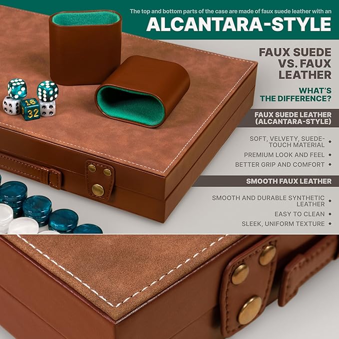 Premium 15 Inch Backgammon Set for Adults – Classic Faux Suede Leather Backgammon Board with 32 Chips Dice Cups &amp Doubling Cube