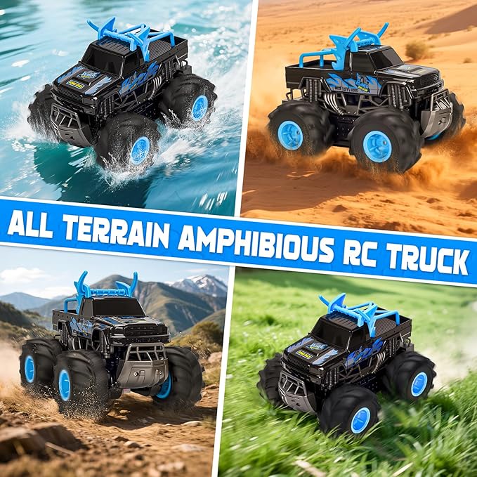 Lacchoufee 1:16 Waterproof Monster Truck Toys RC Cars 2.4GHz Remote Control Truck for Kids Boy Ages 89101112 Years Old 4WD All Terrain Off-Road with LED Lights RC Boat for Boy Girl Birthday Gift