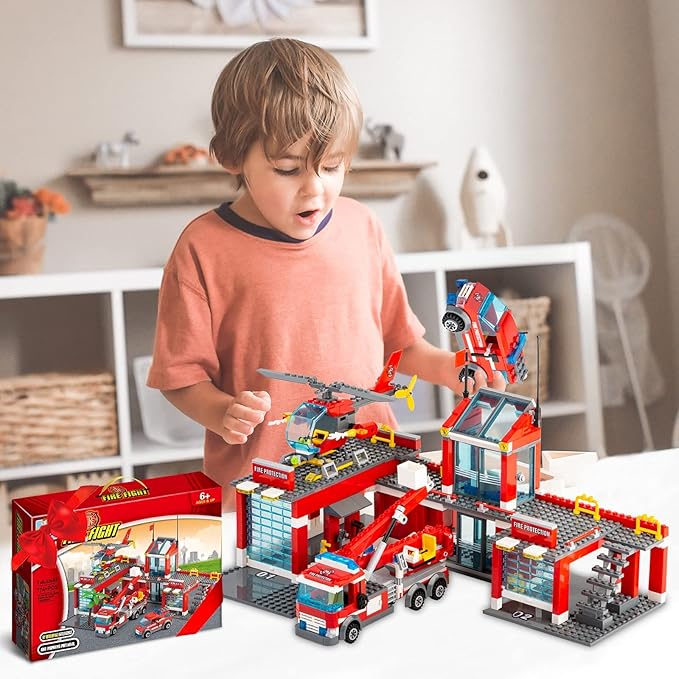 QLT QIAOLETONG City Fire Station Building Kit 774 Pcs Building Set Including Fire Station Fire Truck Fire HelicopterFire Fighter City Building Blocks STEM Toys Gift for Boys 6-10 Years Old.