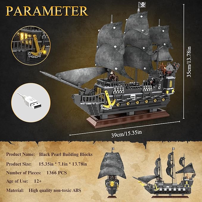 Pirate Ship Building Block Model Kits Advanced MOC Black Pearl Ship Building Set Toy Christmas Birthday Building Set Gifts for Adults and Kids Aged 12+ 1366 PCS