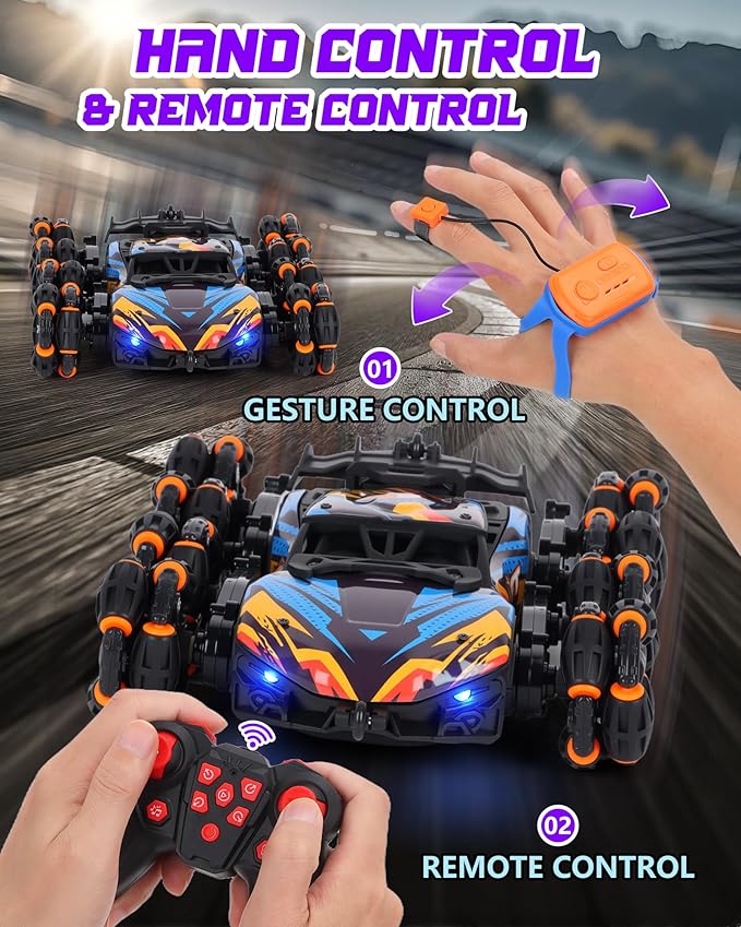 HuiJuKeJi Gesture Sensing RC Stunt Car Toy for Kids 2.4GHz Remote Control Car Toy 1:18 8WD Hand-Controlled Vehicle with Auto Demo Spray Lights and Music for Birthday Ages 6-14