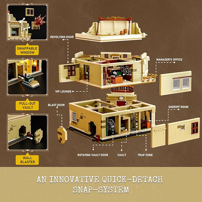 Western Bank Heist Lighting Building-Bricks Set - Wild West Outlaw Gold Heist 2875 Pcs Collection Display Set for West Lovers