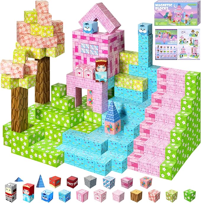 100PCS Magnetic Blocks Magnetic Building Blocks STEM Constructions Magnet Blocks for Boys Girls Age 3 4 5 6 7 8 9 10 Sensory Stacking Toy Christmas Birthday Gifts for Kids