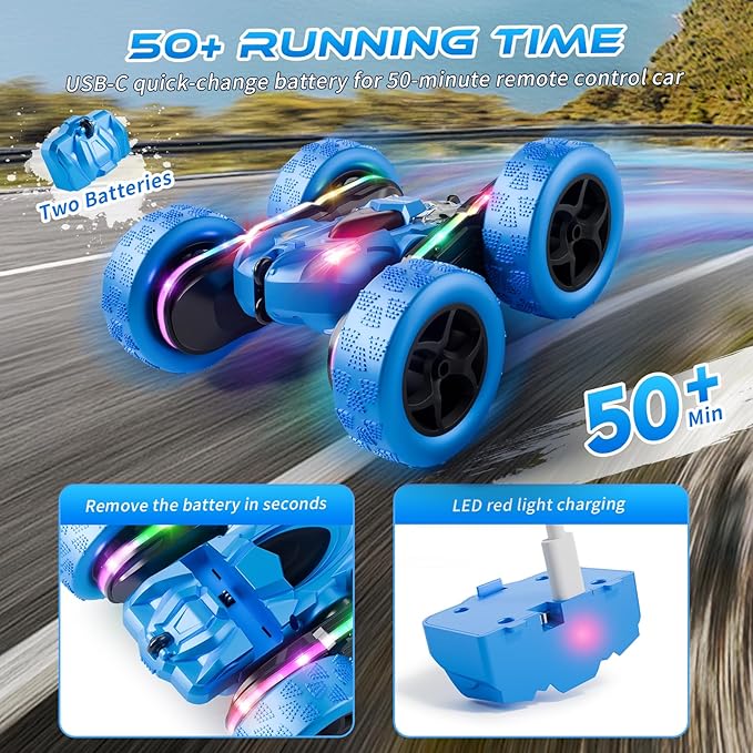 Remote Control Stunt Car 4WD 360° Flip Double‑Sided RC Cars LED Light Bar USB‑C Modular Battery 2.4 GHz Outdoor Beach Toy for Boys 6‑12 Years Old Birthday &amp Christmas Kids Gift Blue