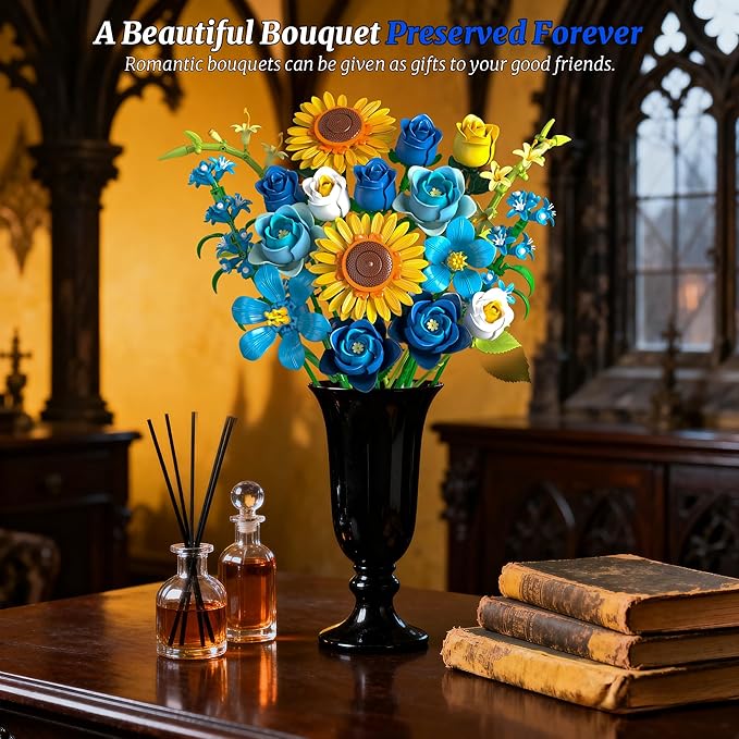 Blue Rose Sunflower Building Block Set - Compatible with Lego Flowers Adults Women Gothic Artificial Botanical Collection Van Gogh Starry Night Christmas Valentine's Gifts Home Decor