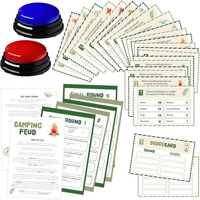 30 Pcs Camping Friendly Feud Game Set Camping Party Game Trivia Quiz with 18 Card 2 Buzzer for Adults Family Games Activities Party Supplies Battery Not Included