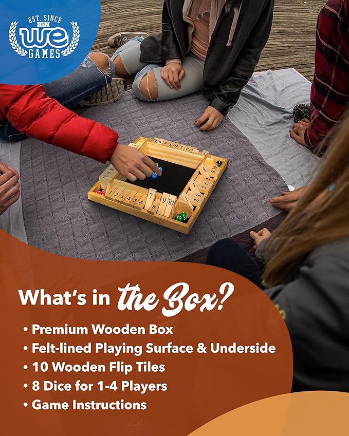 WE Games Wooden Shut the Box Game 4 Player - 10 Number Tiles &amp 8 Dice - Large 14-Inch Natural Wood Finish