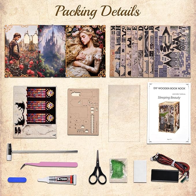 Book Nook Kit - DIY Miniature House 3D Wooden Puzzle for Adult and Teens Booknook Bookshelf Decor Scale Model Build with LED Light Gifts for Family and Friends (Sleeping Beauty)