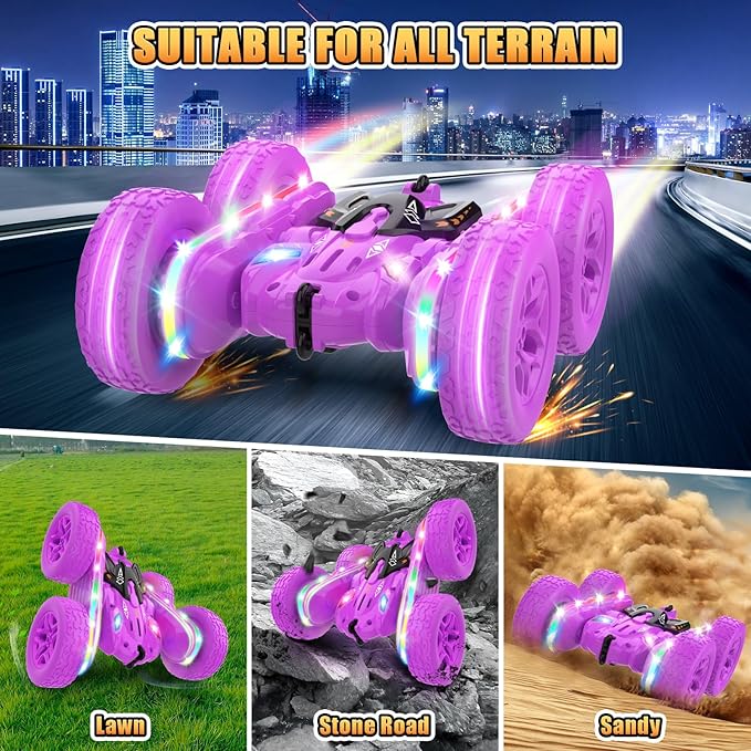 Remote Control Cars for Girls 2.4GHz RC Stunt Car with 360° Flips &amp Double Sided Driving LED Strip Lights and Headlights Changeable Wheels Birthday Gift for 5-12 Year Old Girls (Purple)