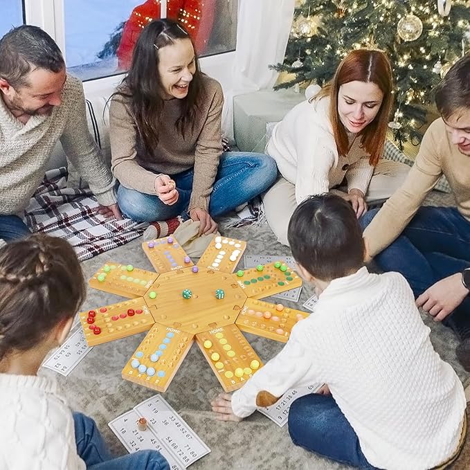 Marble Board GameWooden Board Game for 6-8 PlayersPortable Design Marble Game with 32 Marbles 16 Dice Family Game Night Gift for Kids &amp Adults