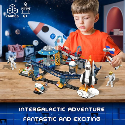 2 in 1 Space Coaster Set - UFO Satellites Space Capsules Buildable Roller Coaster Gift for Boys Girls Kids Ages 6+