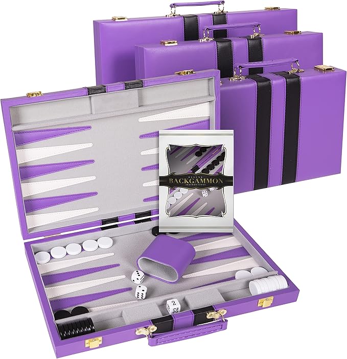 Premium Backgammon 15 Inches Medium Purple - Backgammon Sets for Adults and Kids - Leatherette Back Gammon Board Game Set - Travel Backgammon Set Board Encased with Accessories