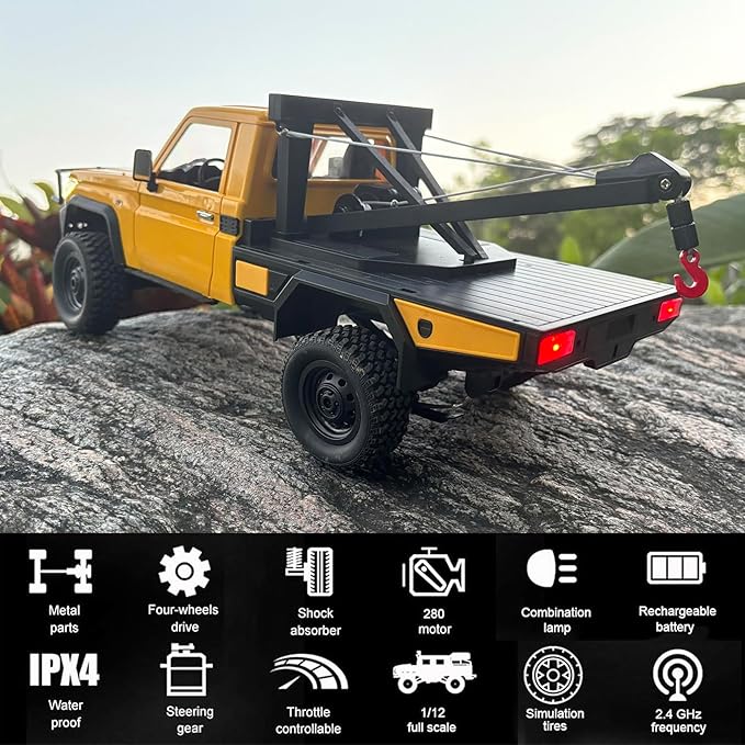 MN82T RC Rock Crawler RC Truck 4x4 1/12 Scale Remote Control Pickup with Crane Hook RTR Hobby All Terrain Proportional Throttle Steering 280 Motor Upgraded Chassis for Adult 2 Batteries