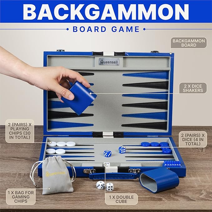 Backgammon Sets for Adults – 15-Inch PU Leather Board Game – Classic 2-Player Travel Backgammon Set with 32 Playing Pieces Dice and Cups