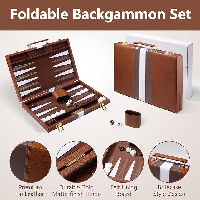 Backgammon Sets for Adults - 11 inch Classic Board Games for 2 Players Adults - Small Travel Backgammon Strategy Game Set with Premium Leather Case - Portable Backgammon Set Brown