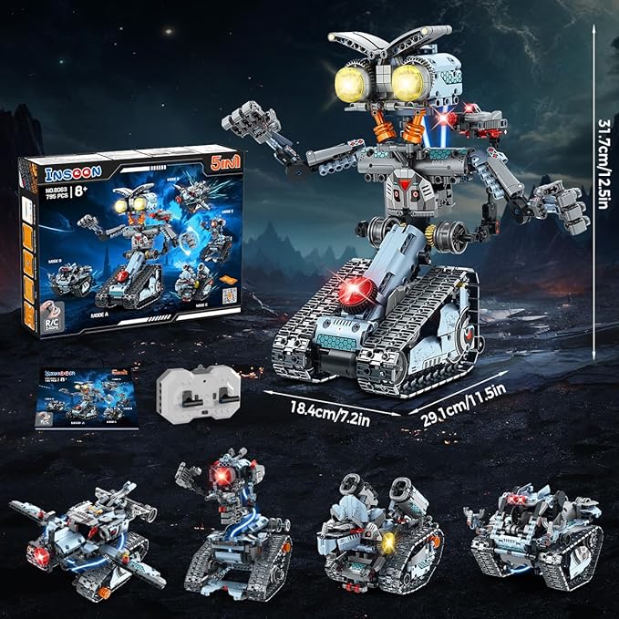 Robot Building Toy with Lights 5 in 1 Robotic Building Set with APP &amp Remote Control RC Tech Tracked Tank Car Fighter Jet Model Kit 795 PCS Easter Gift for Kids Boys Girls Ages 8+