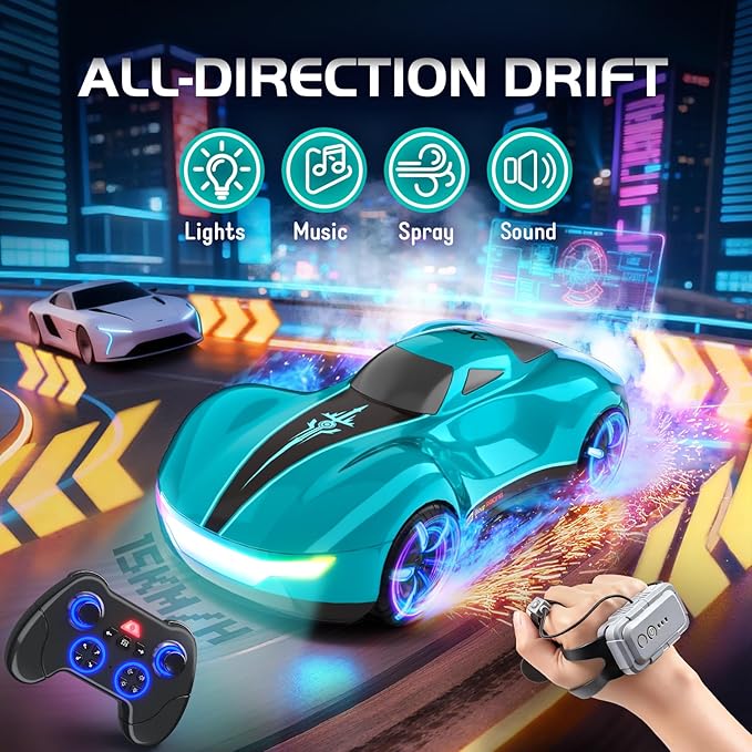 Gesture Sensing Remote Control Car with Display Dust Cover GarageUSB-C Rechargeable Drift RC Stunt Cars with LED Light|Spray|Sound2.4GHz Toy for Kids Christmas|Birthday Gifts for Boys Girls
