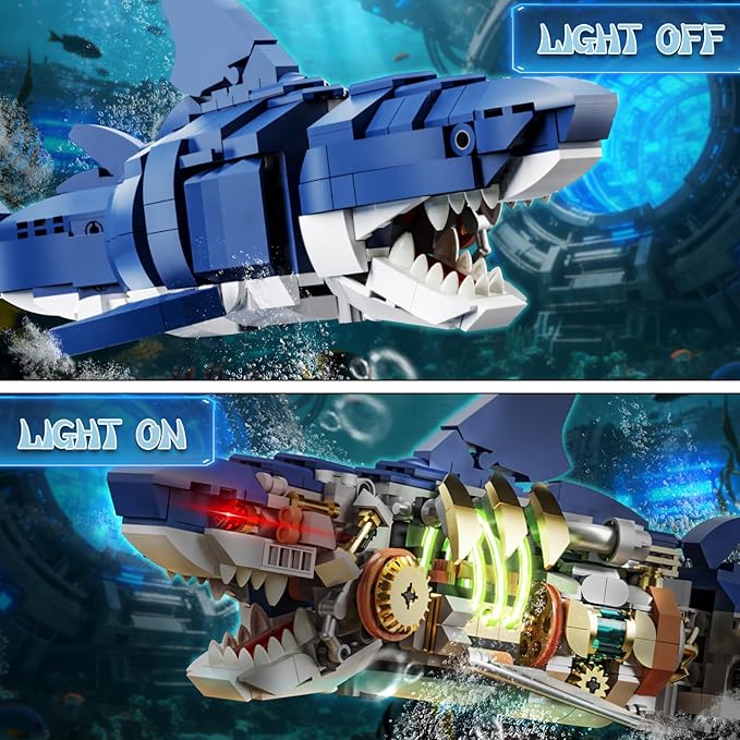 Mechanical Shark Building Block Set with Light Compatible with Lego Shark 687PCS Movable Ocean Sea Animals with Display Stand STEM Fish Toys for Home Office Decor for Adults Boys