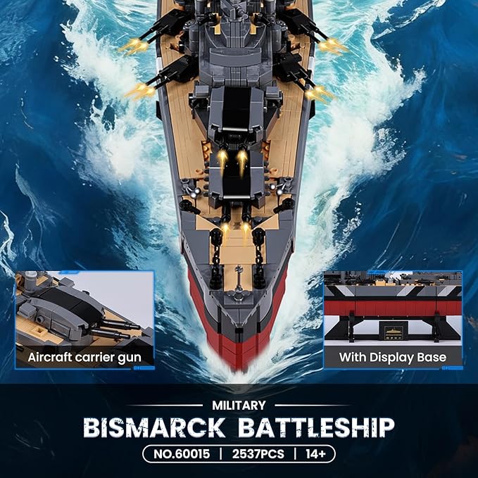 JMBricklayer Battleship Building Block Set for Adults 2537 PCS Large Bismarck Military Warship WWII MOC Battle Ship Boat Model 60015 for Home Office Decor Army Toy Gifts for Men Boys 14+