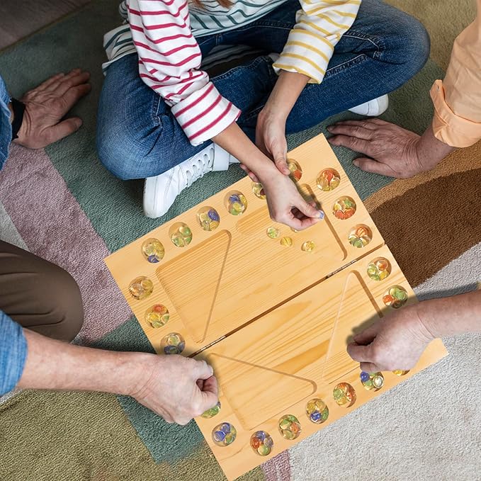 4 Players Mancala Board Game Solid Wood Folding Mancala Board with Multi-Color Glass Stones Mancala Family Travel Strategy Games Set with Game Instruction