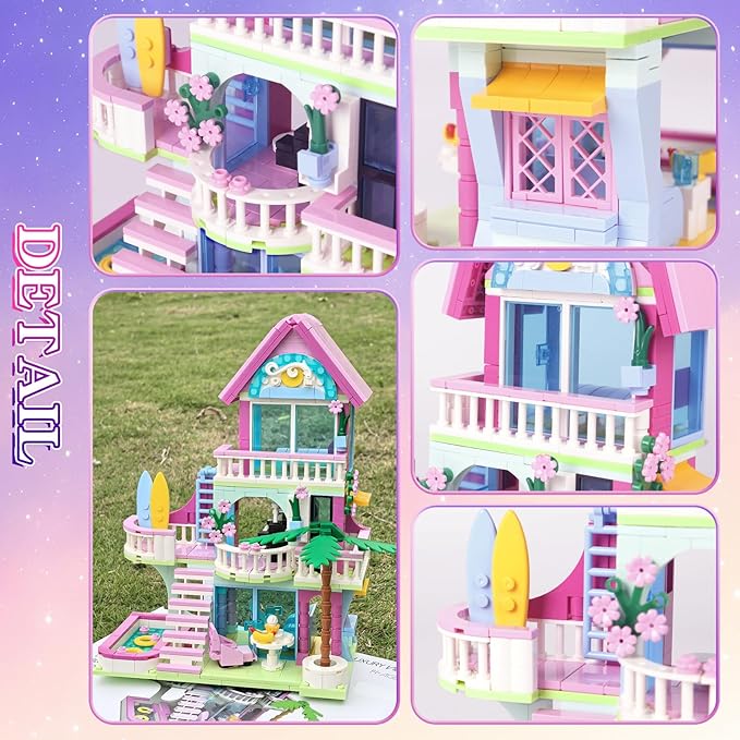 678PCS Pink Beach House Building Blocks Kit Compatible with Lego Particle SizesFriends Interactive Architecture Holiday Dream VillaUnique Birthday Gift Toy for Girls or Boys Age 6 7 8 9 10 11 12+